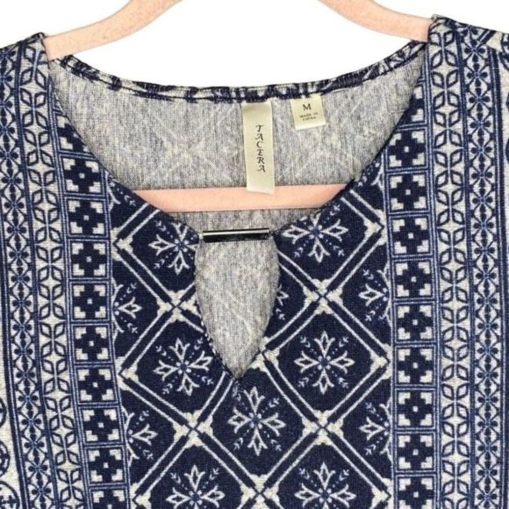 Tacera Batik Print Navy & White Knit Tunic‎ or Mini Dress —Size M  EUC - Picture 3 of 11